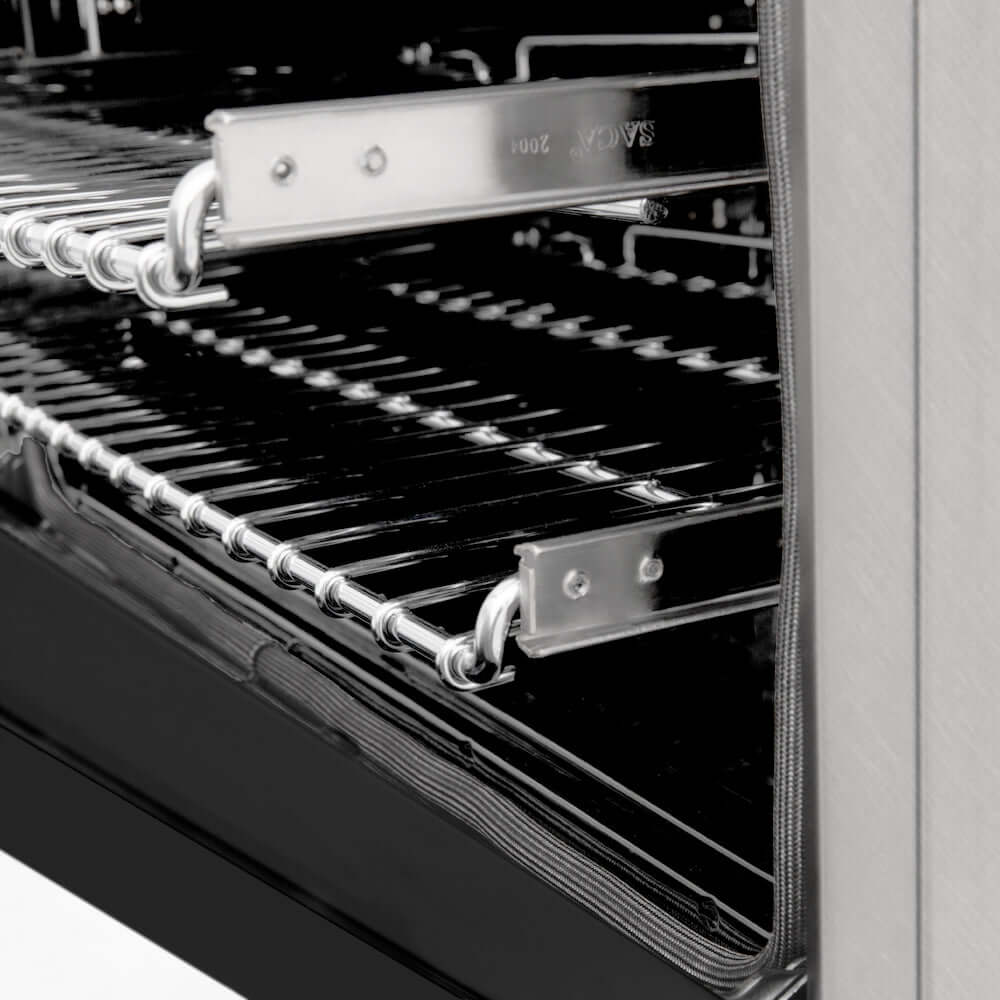 ZLINE 24 in. Professional Dual Fuel Range in Fingerprint Resistant Stainless Steel with Black Matte Door (RAS-BLM-24) side, close-up SmoothGlide adjustable racks inside oven.