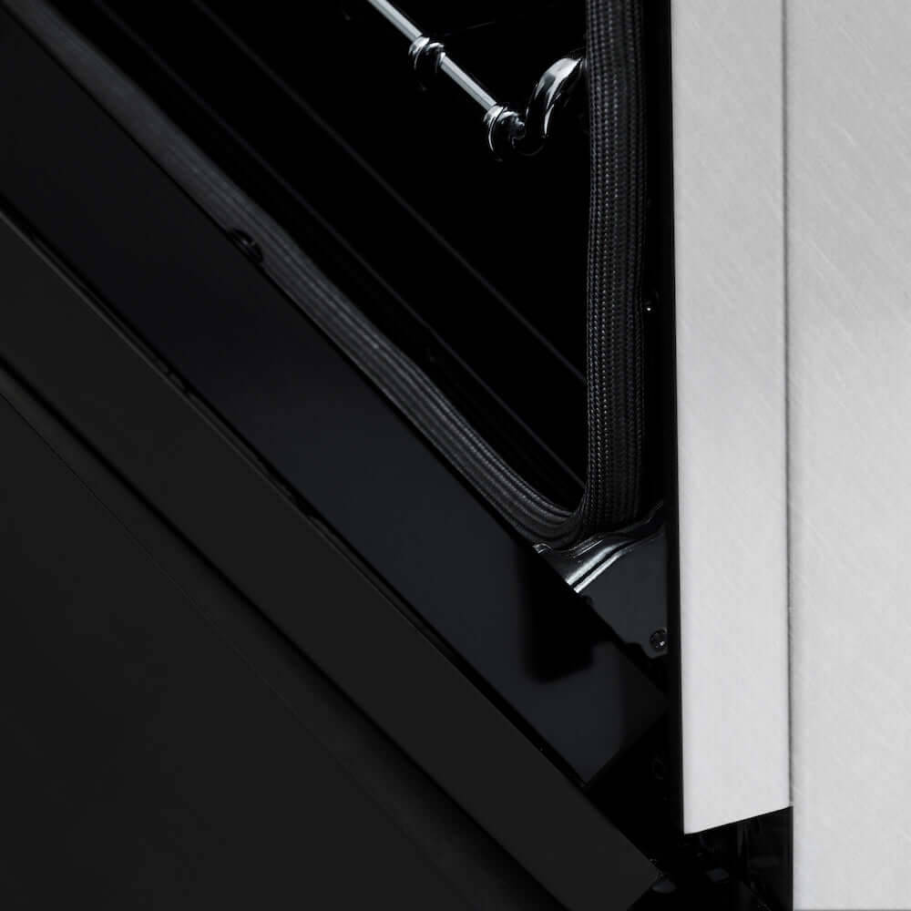 ZLINE 24 in. Professional Dual Fuel Range in Fingerprint Resistant Stainless Steel with Black Matte Door (RAS-BLM-24) StayPut Oven Door Hinges close-up.