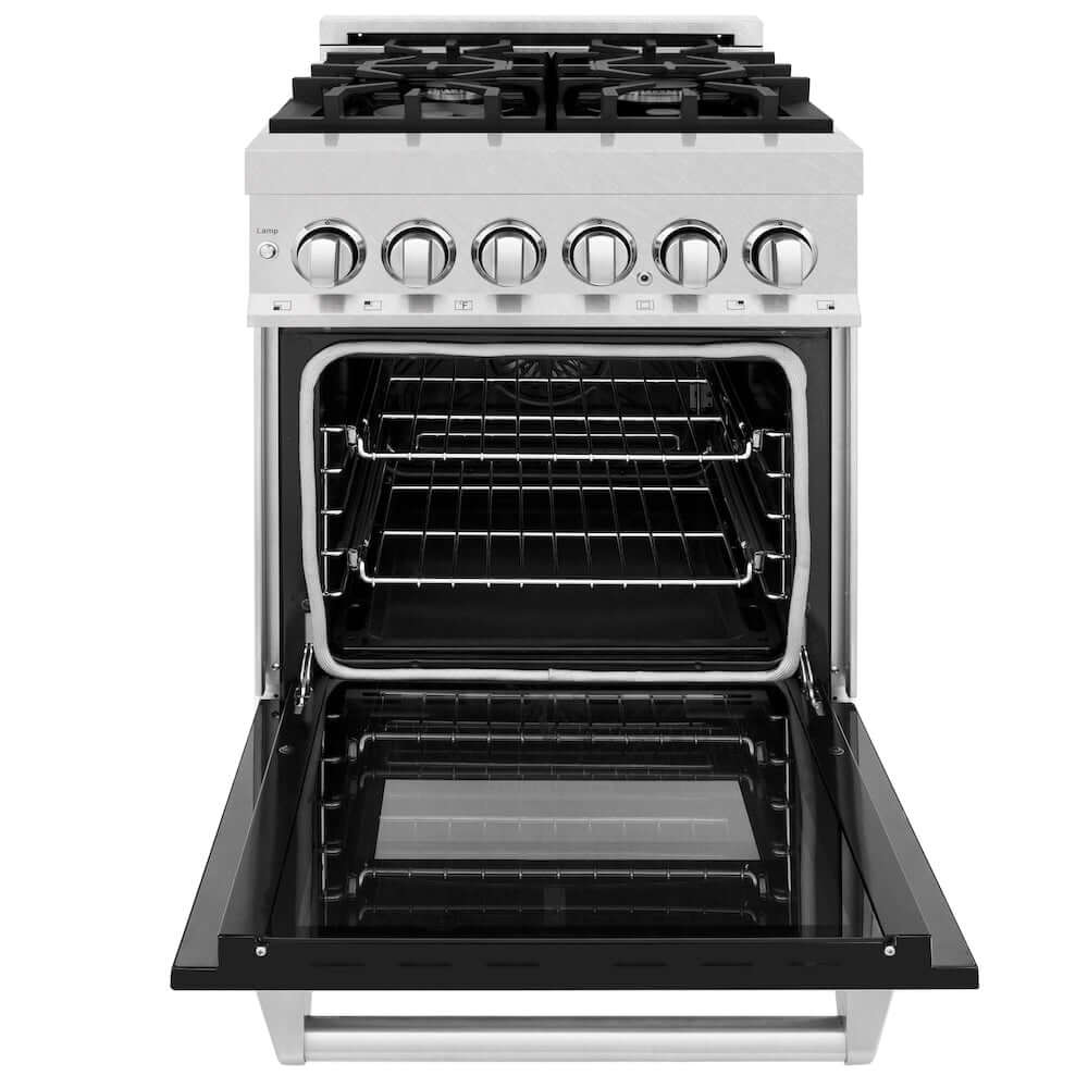 ZLINE 24 in. 2.8 cu. ft. Legacy Dual Fuel Range with 4 Burner Gas Cooktop and Electric Convection Oven in DuraSnow® Stainless Steel and Black Matte Door (RAS-BLM-24) front, oven open.