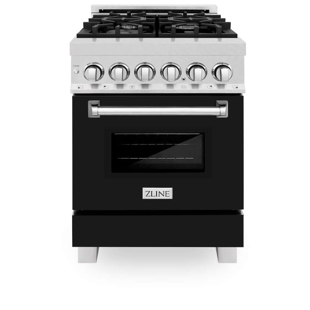 ZLINE 24 in. Professional Dual Fuel Range in Fingerprint Resistant Stainless Steel with Black Matte Door (RAS-BLM-24) front, oven closed.