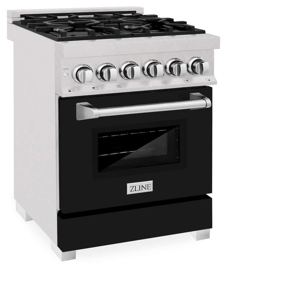 ZLINE 24 in. Professional Dual Fuel Range in Fingerprint Resistant Stainless Steel with Black Matte Door (RAS-BLM-24) side, oven closed.