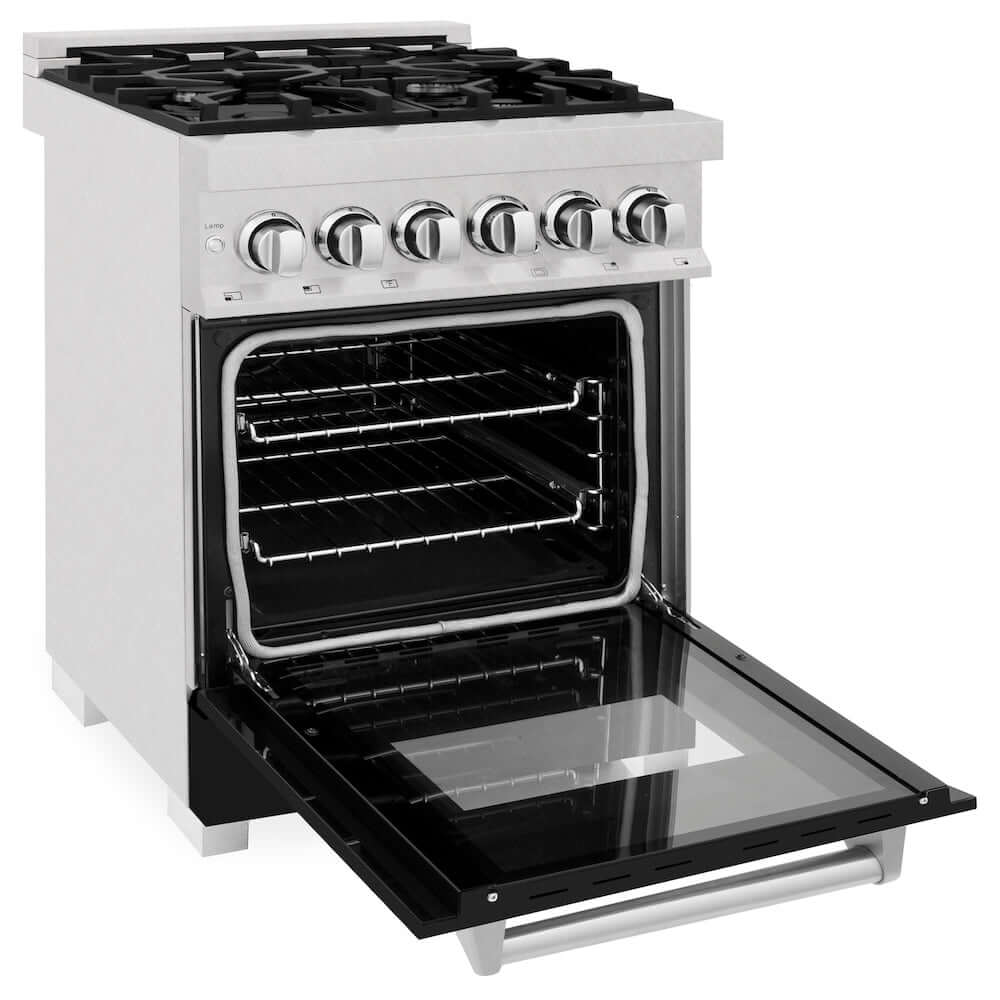 ZLINE 24 in. Professional Dual Fuel Range in Fingerprint Resistant Stainless Steel with Black Matte Door (RAS-BLM-24) side, oven open.