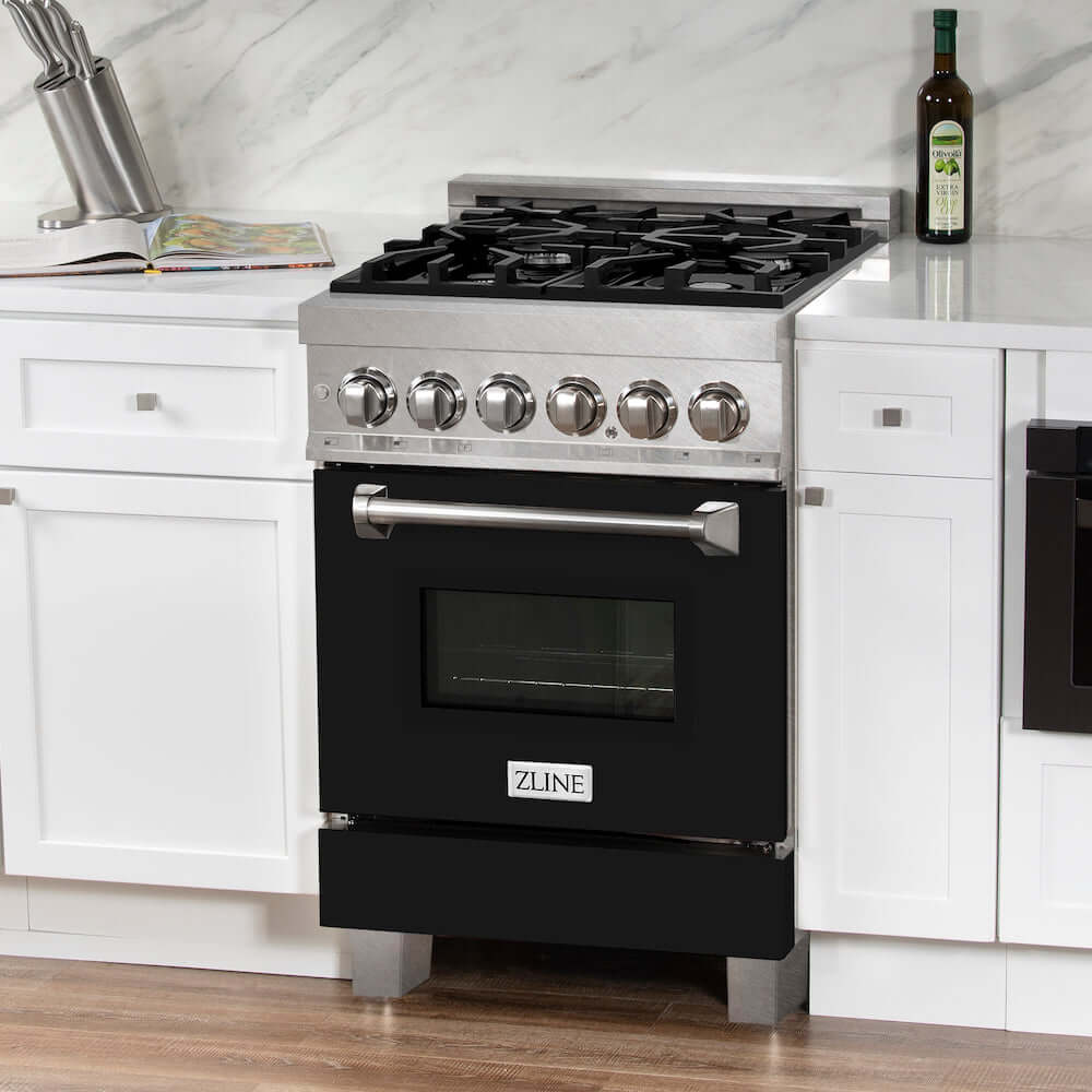 ZLINE 24 in. Professional Dual Fuel Range in Fingerprint Resistant Stainless Steel with Black Matte Door (RAS-BLM-24) side, oven closed.