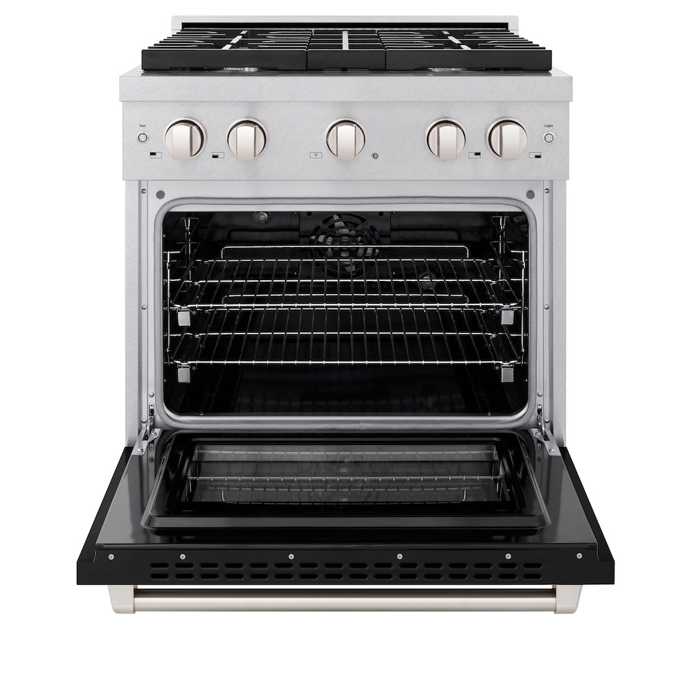 ZLINE 30 in. 4.2 cu. ft. Paramount Dual Fuel Range with 4 Burner Gas Cooktop and Electric Convection Oven in DuraSnow® Stainless Steel with Black Matte Door (SDRS-BLM-30) front, oven open.