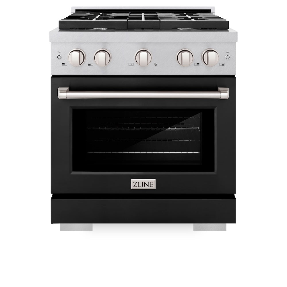 ZLINE 30 in. 4.2 cu. ft. Paramount Dual Fuel Range with 4 Burner Gas Cooktop and Electric Convection Oven in DuraSnow® Stainless Steel with Black Matte Door (SDRS-BLM-30) front, oven closed.