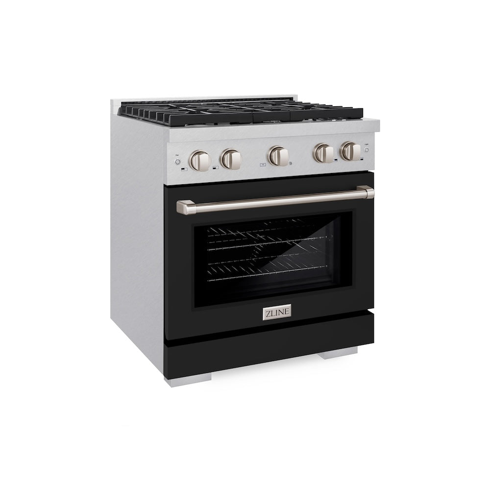 ZLINE 30 in. 4.2 cu. ft. Paramount Dual Fuel Range with 4 Burner Gas Cooktop and Electric Convection Oven in DuraSnow® Stainless Steel with Black Matte Door (SDRS-BLM-30) side, oven closed.