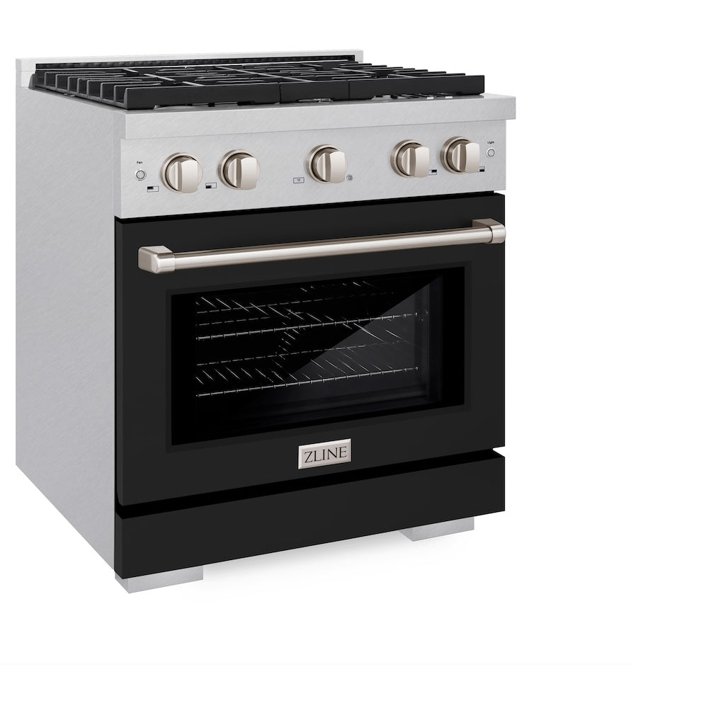 ZLINE 30 in. 4.2 cu. ft. Paramount Dual Fuel Range with 4 Burner Gas Cooktop and Electric Convection Oven in DuraSnow® Stainless Steel with Black Matte Door (SDRS-BLM-30) side, oven closed.