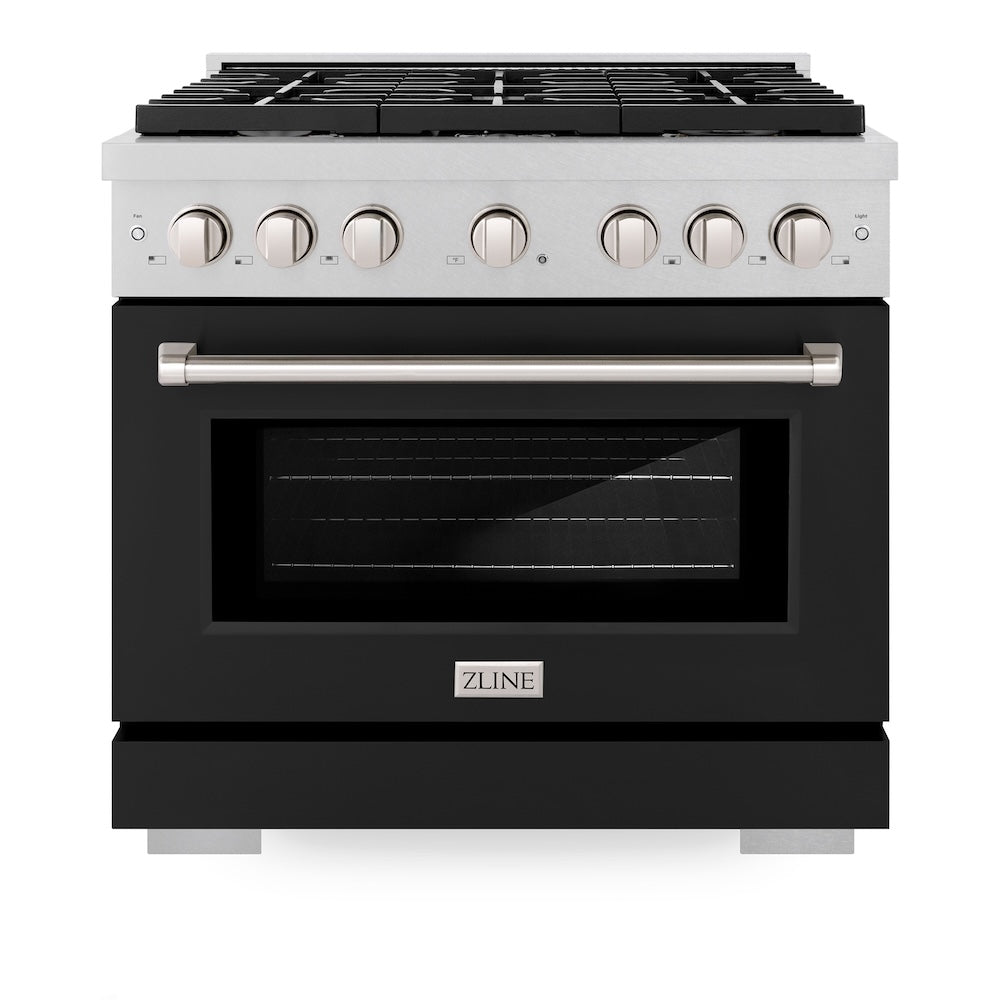 ZLINE 36 in. 5.2 cu. ft. Paramount Dual Fuel Range with 6 Burner Gas Cooktop and Electric Convection Oven in DuraSnow® Stainless Steel with Black Matte Door (SDRS-BLM-36) front, oven closed.