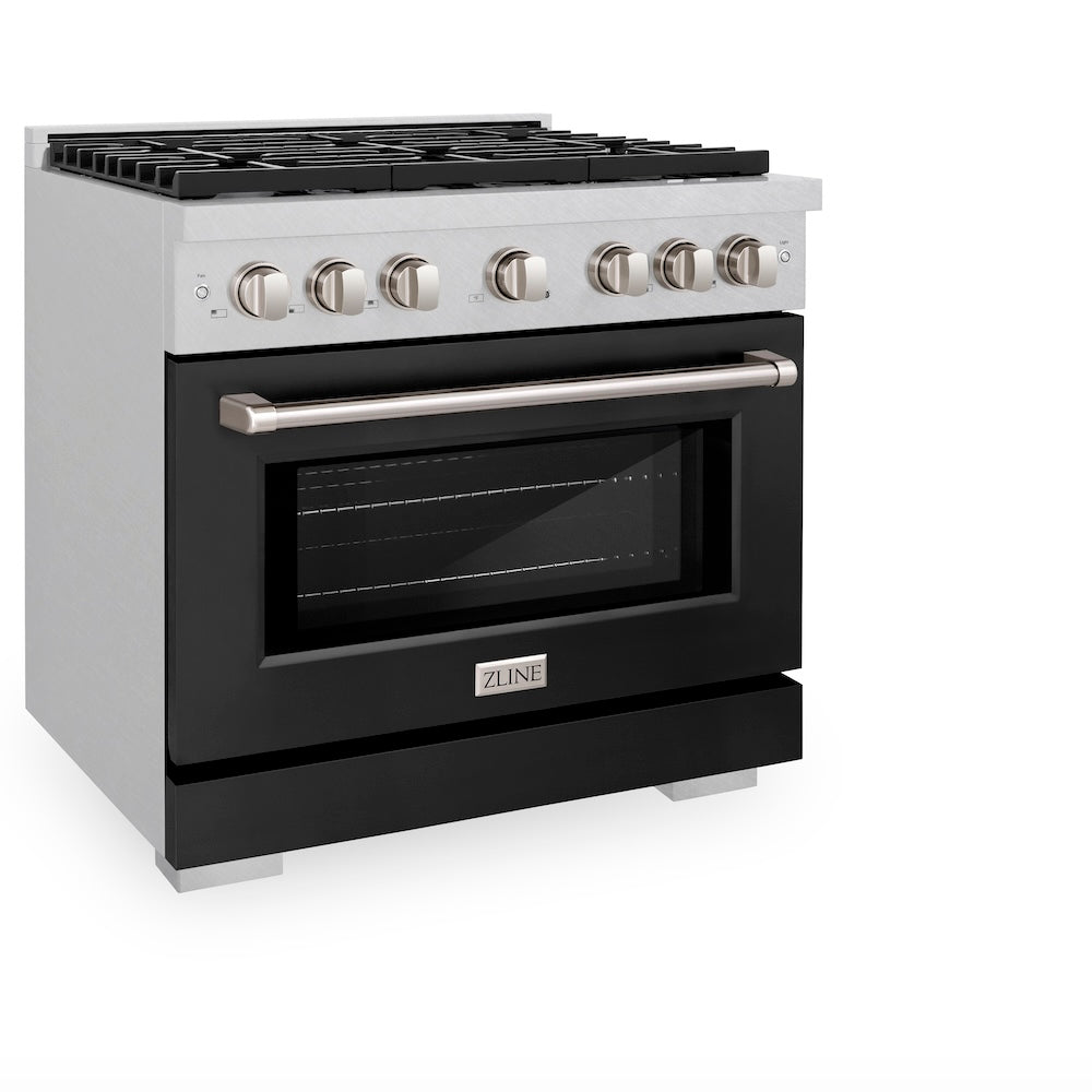 ZLINE 36 in. 5.2 cu. ft. Paramount Dual Fuel Range with 6 Burner Gas Cooktop and Electric Convection Oven in DuraSnow® Stainless Steel with Black Matte Door (SDRS-BLM-36) side, oven closed.