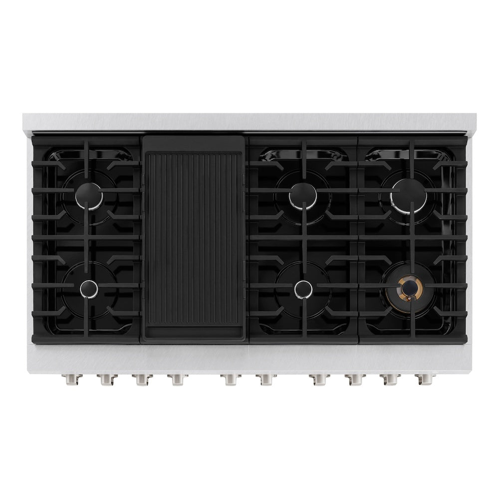 ZLINE 48 in. 6.7 cu. ft. Paramount Double Oven Dual Fuel Range with 8 Burner Gas Cooktop in DuraSnow® Stainless Steel with Black Matte Doors (SDRS-BLM-48) top-down, above cooktop.