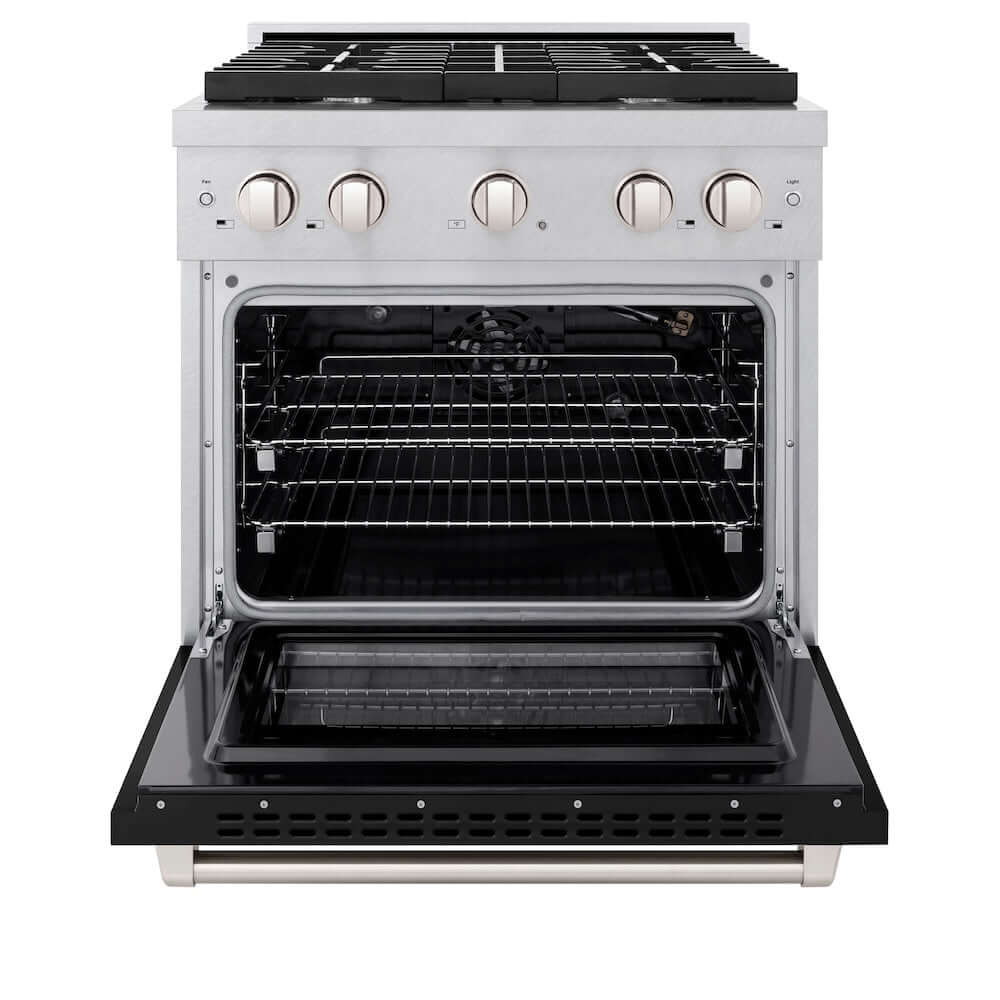 ZLINE 30 in. 4.2 cu. ft. 4 Burner Gas Range with Convection Gas Oven in DuraSnow® Stainless Steel with Black Matte Door (SGRS-BLM-30) front, oven open.