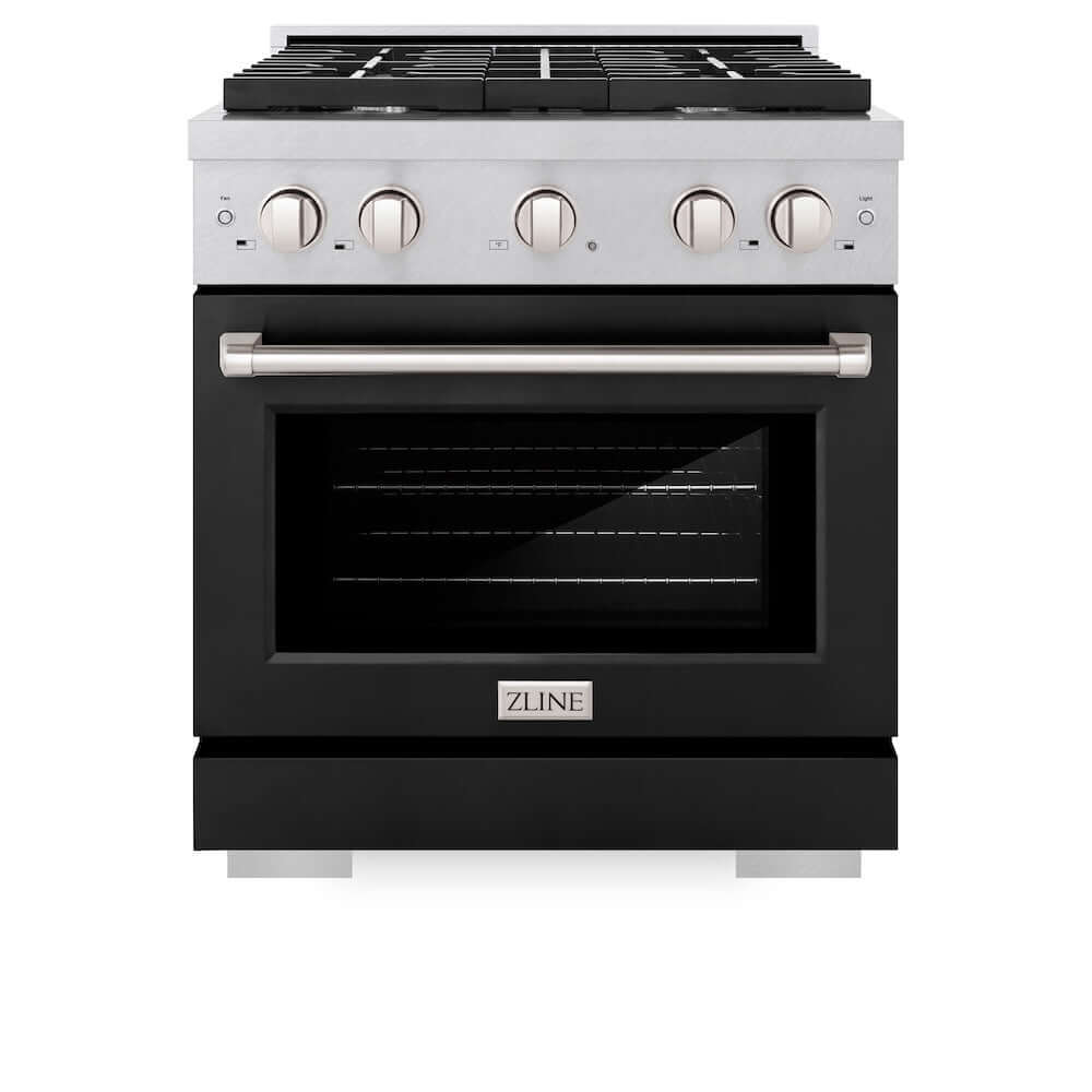 ZLINE 30 in. 4.2 cu. ft. 4 Burner Gas Range with Convection Gas Oven in DuraSnow® Stainless Steel with Black Matte Door (SGRS-BLM-30) front, oven closed.