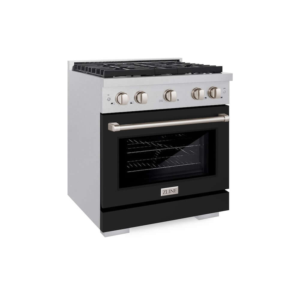 ZLINE 30 in. 4.2 cu. ft. Paramount Gas Range with 4 Burner Cooktop and Convection Gas Oven in DuraSnow® Stainless Steel with Black Matte Door (SGRS-BLM-30) side, oven closed.