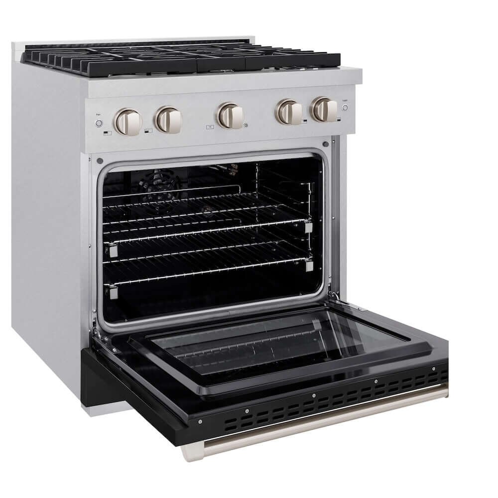 ZLINE 30 in. 4.2 cu. ft. 4 Burner Gas Range with Convection Gas Oven in DuraSnow® Stainless Steel with Black Matte Door (SGRS-BLM-30) side, oven open.