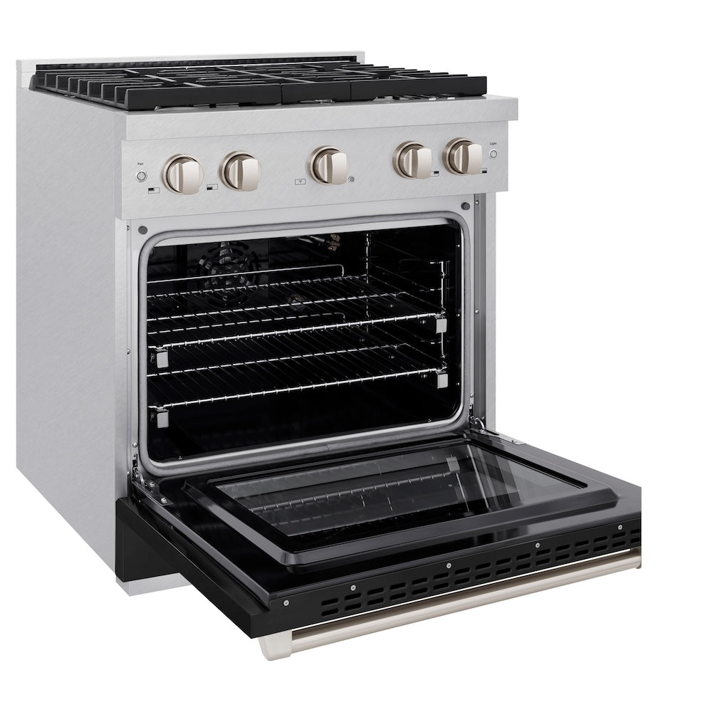 ZLINE 30 in. 4.2 cu. ft. Paramount Gas Range with 4 Burner Cooktop and Convection Gas Oven in DuraSnow® Stainless Steel with Black Matte Door (SGRS-BLM-30) side, oven open.