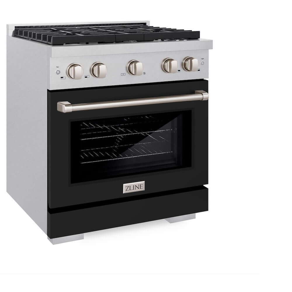 ZLINE 30 in. 4.2 cu. ft. Paramount Gas Range with 4 Burner Cooktop and Convection Gas Oven in DuraSnow® Stainless Steel with Black Matte Door (SGRS-BLM-30) side, oven closed.