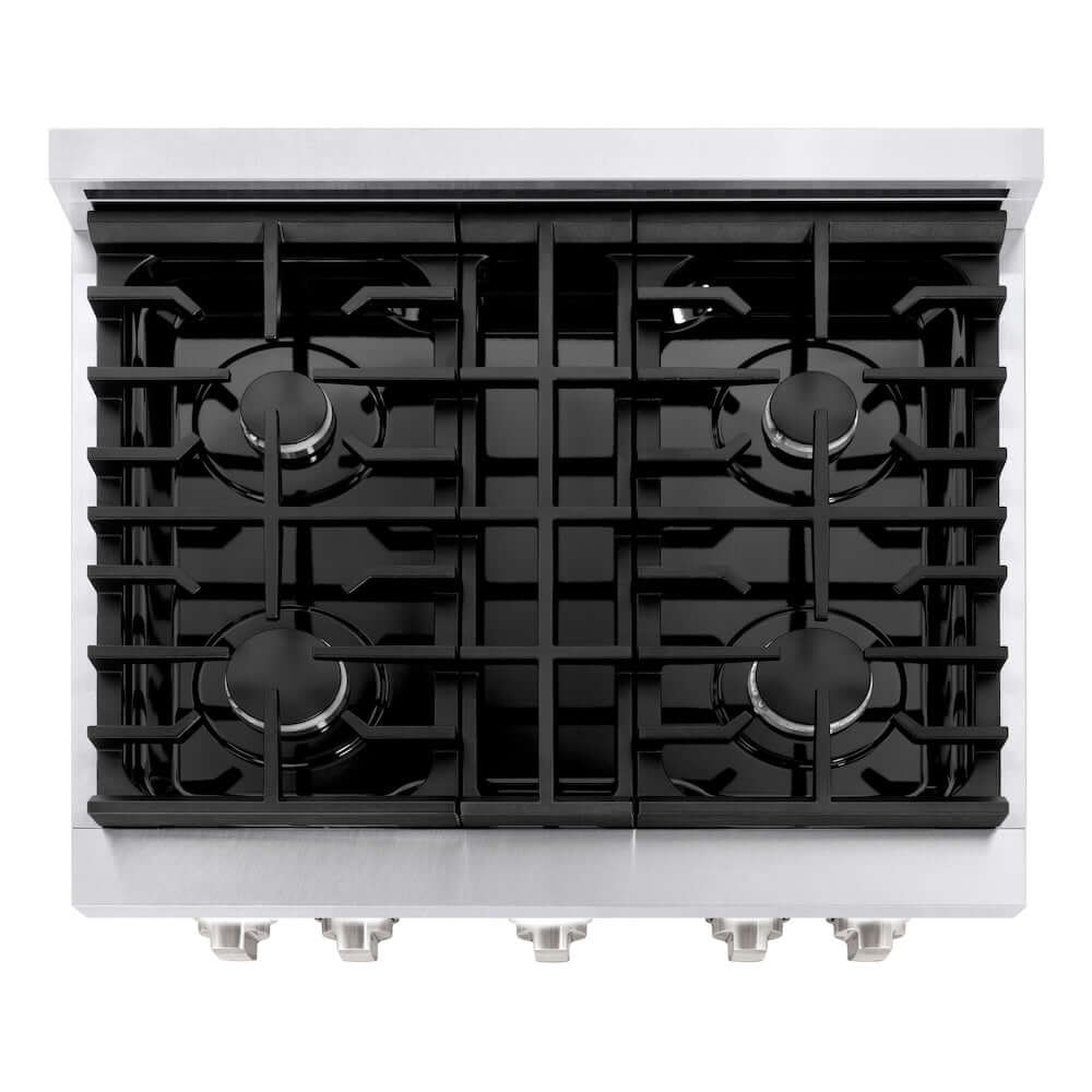 ZLINE 30 in. 4.2 cu. ft. 4 Burner Gas Range with Convection Gas Oven in DuraSnow® Stainless Steel with Black Matte Door (SGRS-BLM-30) from above, showing gas burners, black porcelain cooktop, and cast-iron grates.