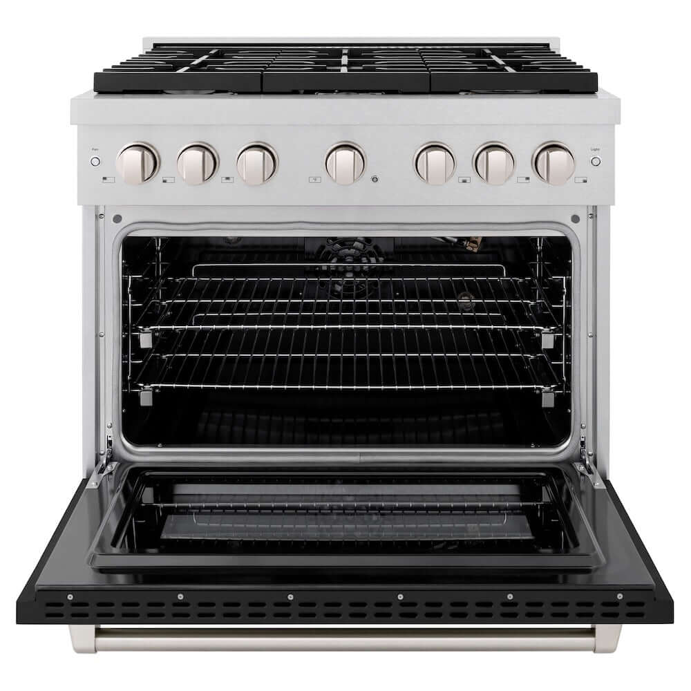 ZLINE 36 in. 5.2 cu. ft. Paramount Gas Range with 6 Burner Cooktop and Convection Gas Oven in DuraSnow® Stainless Steel with Black Matte Door (SGRS-BLM-36) front, oven open.