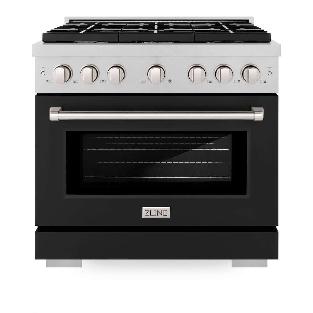 ZLINE 36 in. 5.2 cu. ft. Paramount Gas Range with 6 Burner Cooktop and Convection Gas Oven in DuraSnow® Stainless Steel with Black Matte Door (SGRS-BLM-36) front, oven closed.