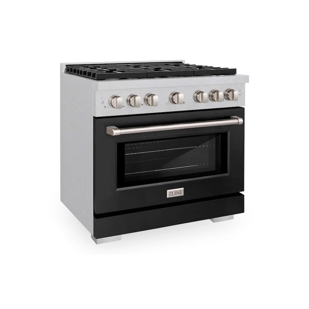 ZLINE 36 in. 5.2 cu. ft. 6 Burner Gas Range with Convection Gas Oven in DuraSnow® Stainless Steel with Black Matte Door (SGRS-BLM-36) 