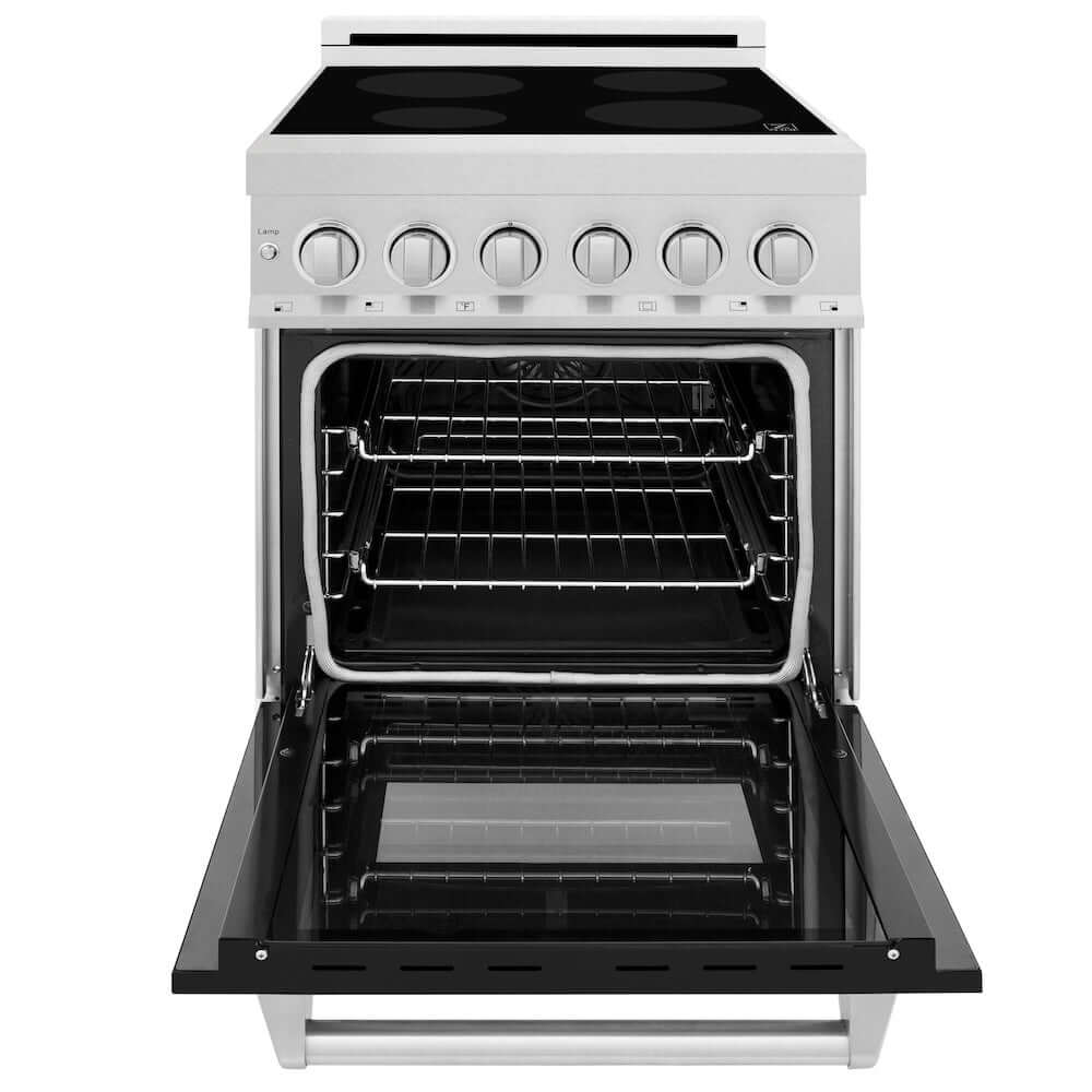 ZLINE 24 in. 2.8 cu. ft. Induction Range with a 4 Element Stove and Electric Oven in Black Matte (RAINDS-BLM-24) front, oven open.