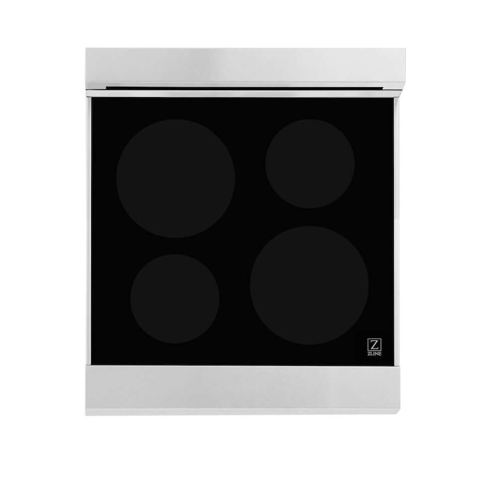 ZLINE 24 in. 2.8 cu. ft. Legacy Induction Range with 4 Element Cooktop and Electric Oven in DuraSnow® Stainless Steel and Black Matte Door (RAINDS-BLM-24) top-down, above cooktop.