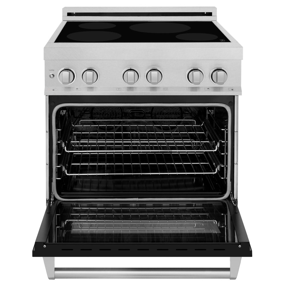 ZLINE 30 in. 4.0 cu. ft. Induction Range with a 4 Element Stove and Electric Oven in Black Matte (RAINDS-BLM-30) front, oven open.