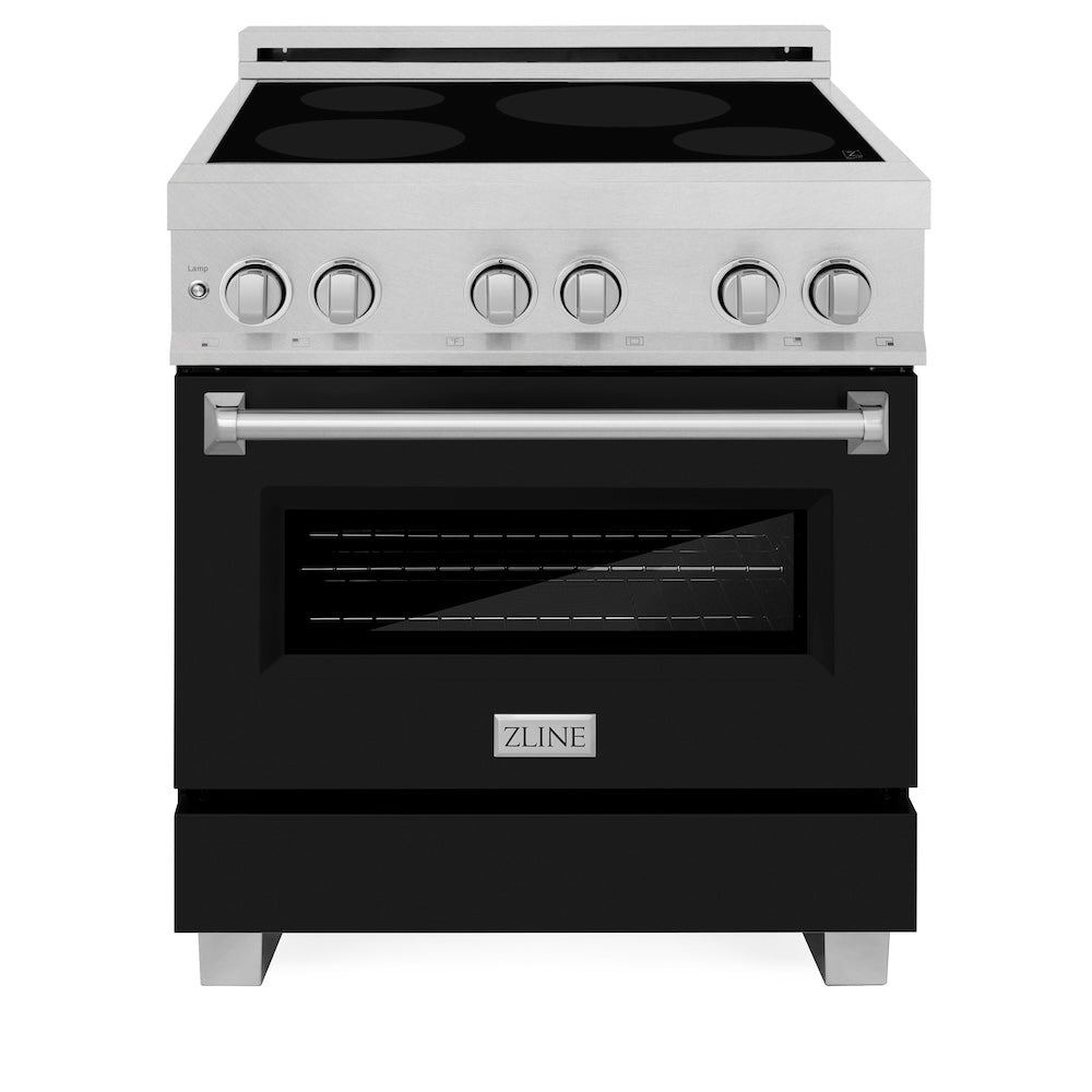 ZLINE 30 in. 4.0 cu. ft. Induction Range with a 4 Element Stove and Electric Oven in Black Matte (RAINDS-BLM-30) front, oven closed.