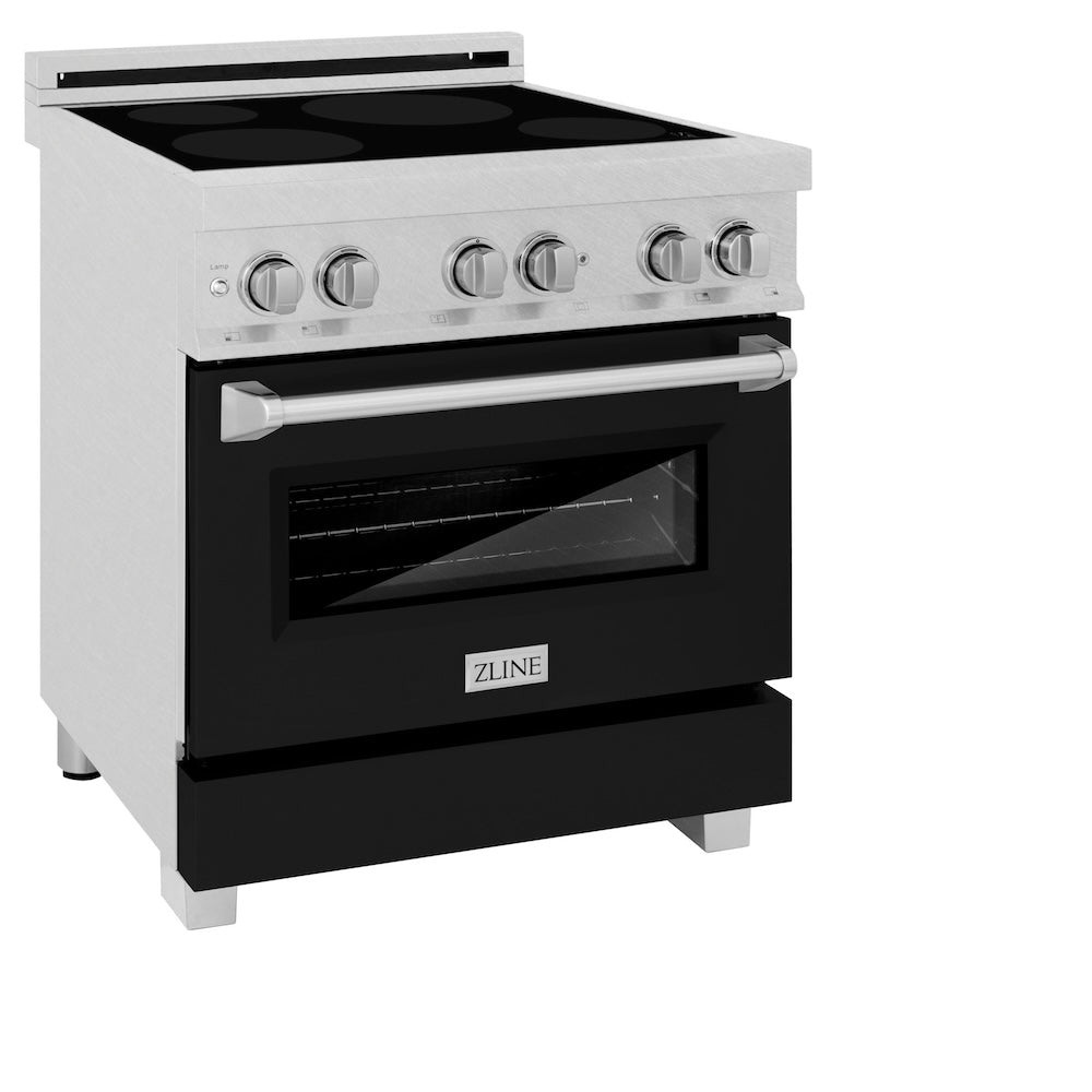 ZLINE 30 in. 4.0 cu. ft. Legacy Induction Range with 4 Element Cooktop and Electric Oven in DuraSnow® Stainless Steel and Black Matte Door (RAINDS-BLM-30) side, oven closed.