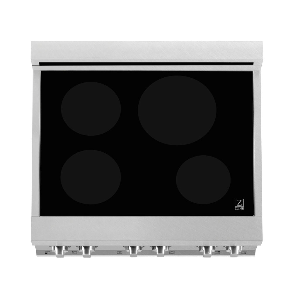 ZLINE 30 in. 4.0 cu. ft. Legacy Induction Range with 4 Element Cooktop and Electric Oven in DuraSnow® Stainless Steel and Black Matte Door (RAINDS-BLM-30) top-down, above cooktop.