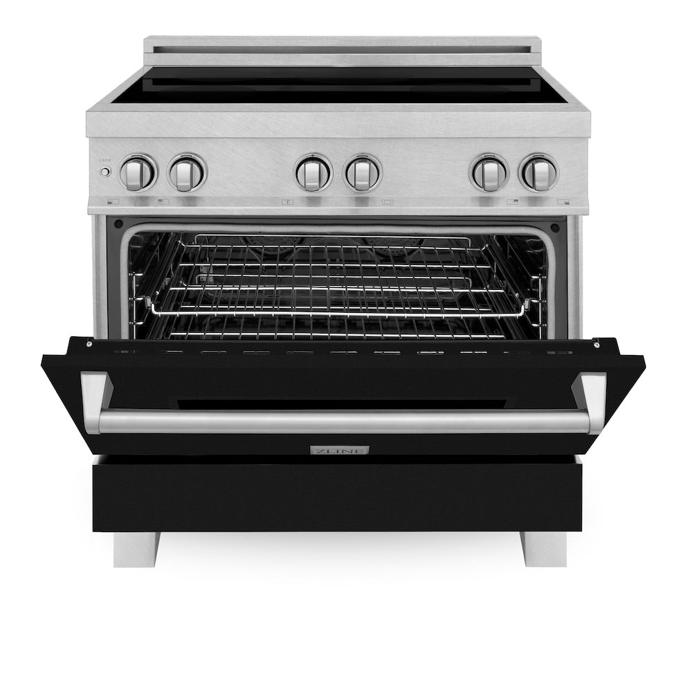 ZLINE 36 in. 4.6 cu. ft. Induction Range with a 5 Element Stove and Electric Oven in Black Matte (RAINDS-BLM-36) front, oven half open.