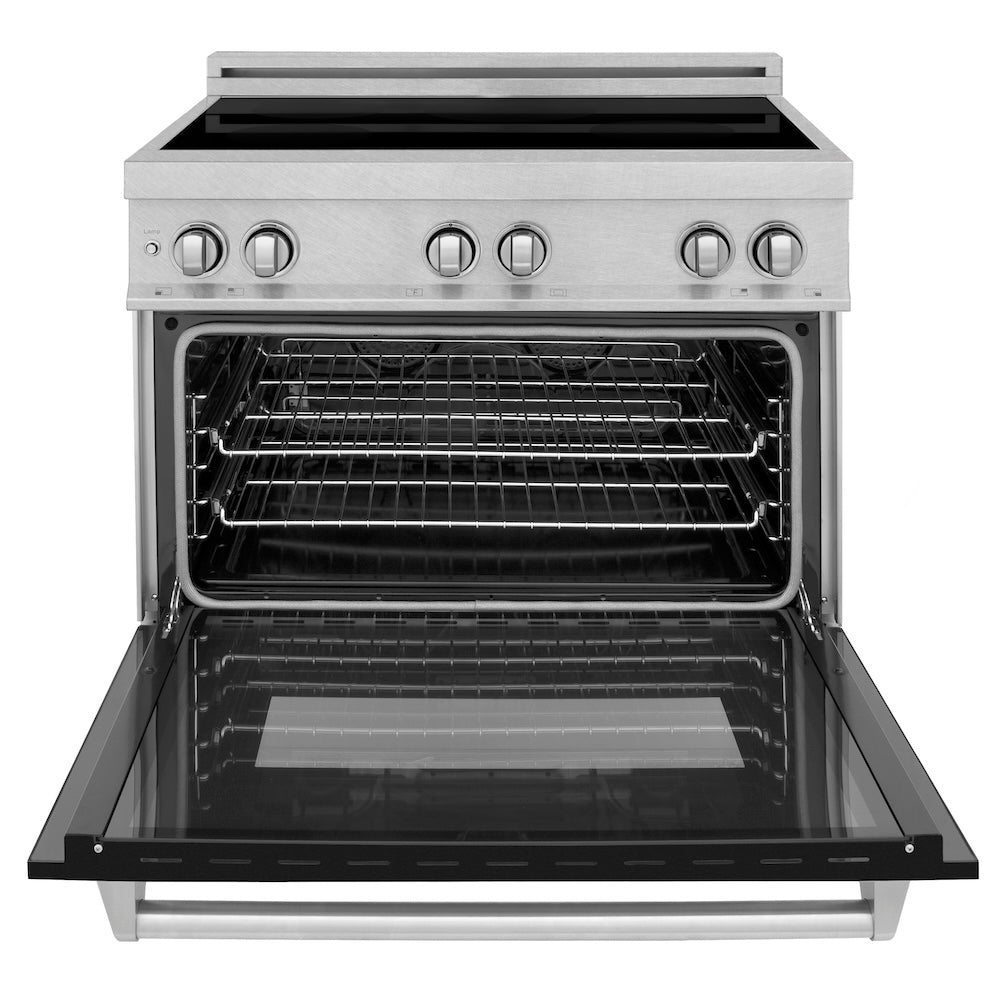 ZLINE 36 in. 4.6 cu. ft. Induction Range with a 5 Element Stove and Electric Oven in Black Matte (RAINDS-BLM-36) front, oven open.