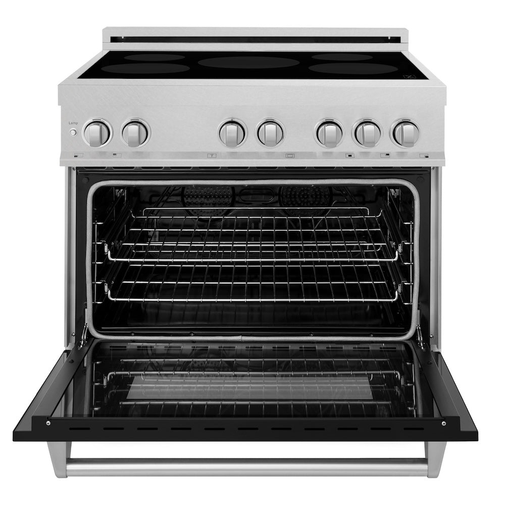 ZLINE 36 in. 4.6 cu. ft. Legacy Induction Range with 5 Element Cooktop and Electric Oven in Satin Stainless Steel and Black Matte Door, Open Box-Good Condition