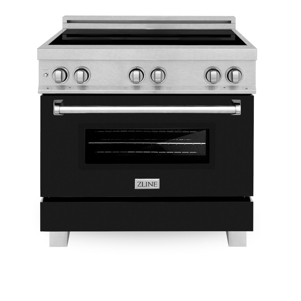 ZLINE 36 in. 4.6 cu. ft. Induction Range with a 5 Element Stove and Electric Oven in Black Matte (RAINDS-BLM-36) front, oven closed.