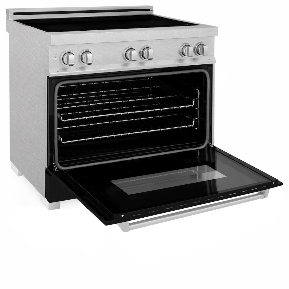 ZLINE 36 in. 4.6 cu. ft. Induction Range with a 5 Element Stove and Electric Oven in Black Matte (RAINDS-BLM-36) side, oven open.