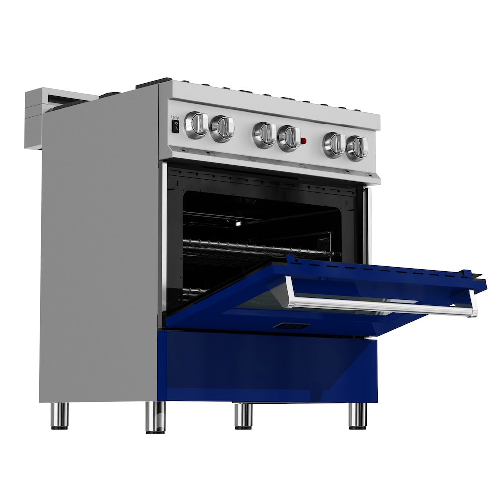 ZLINE 30 in. Kitchen Package with Fingerprint Resistant Stainless Steel Dual Fuel Range with Blue Gloss Door and Convertible Vent Range Hood (2KP-RASBGRH30)