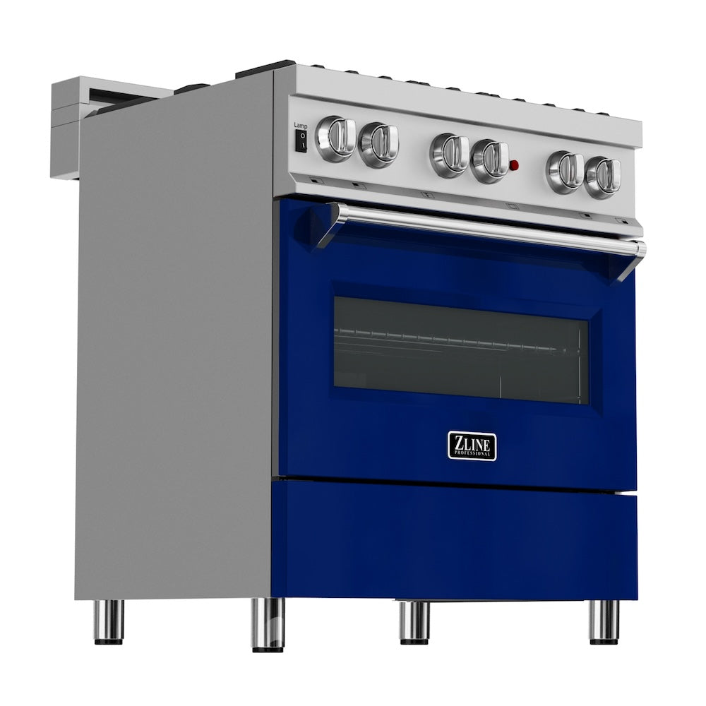 ZLINE 30 in. Kitchen Package with Fingerprint Resistant Stainless Steel Dual Fuel Range with Blue Gloss Door and Convertible Vent Range Hood (2KP-RASBGRH30)