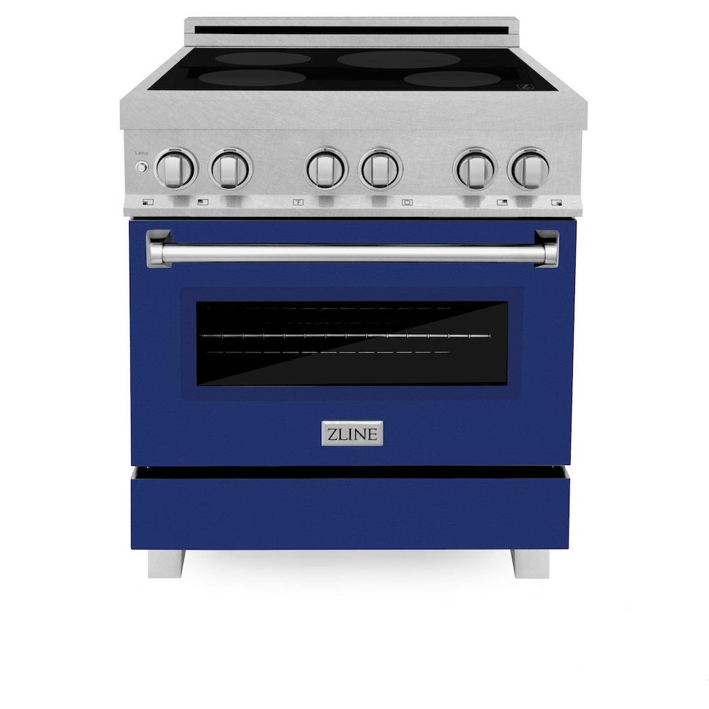 ZLINE 30 in. 4.0 cu. ft. Legacy Induction Range with 4 Element Cooktop and Electric Oven in Satin Stainless Steel and Blue Gloss Door, Open Box-Good Condition