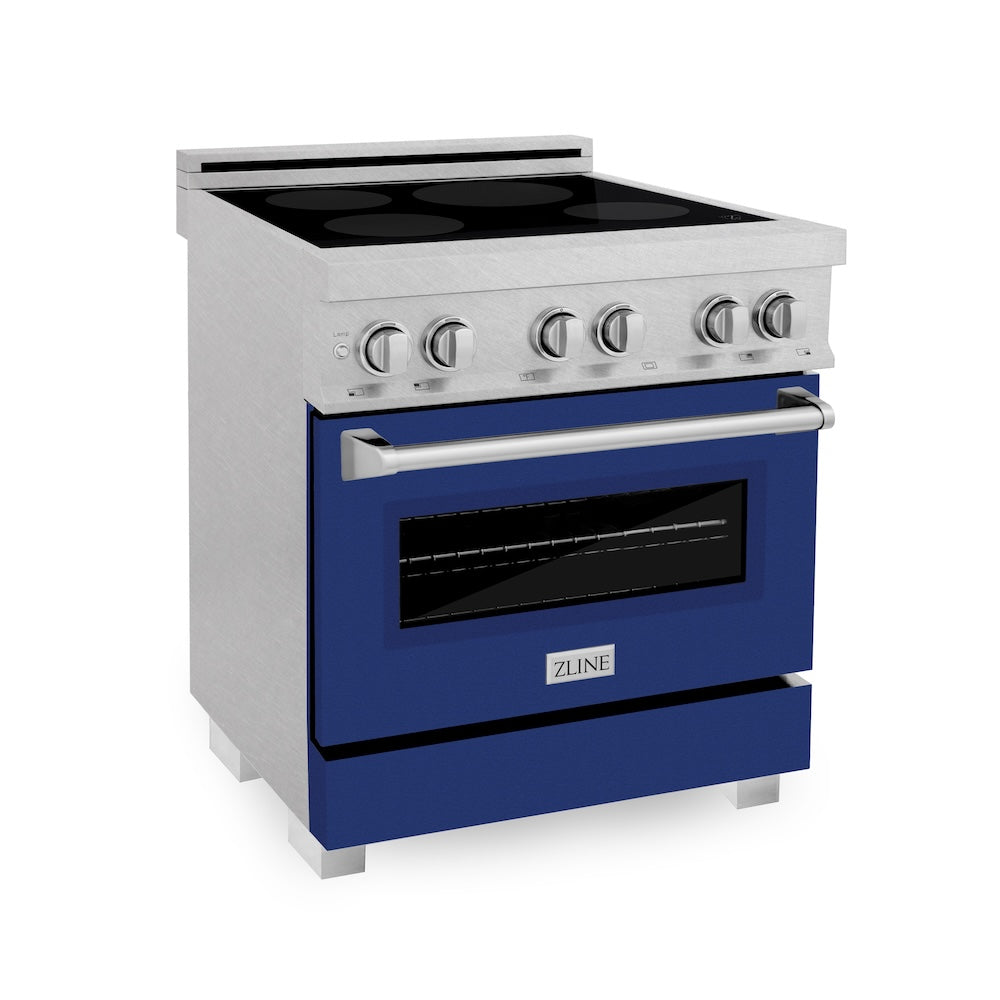 ZLINE 30 in. 4.0 cu. ft. Legacy Induction Range with 4 Element Cooktop and Electric Oven in Satin Stainless Steel and Blue Gloss Door, Open Box-Good Condition