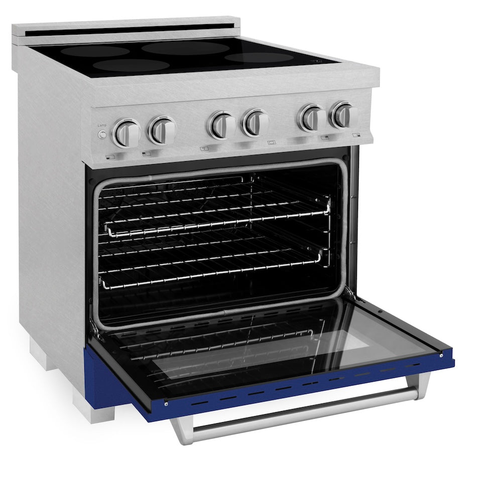 ZLINE 30 in. 4.0 cu. ft. Legacy Induction Range with 4 Element Cooktop and Electric Oven in Satin Stainless Steel and Blue Gloss Door, Open Box-Good Condition