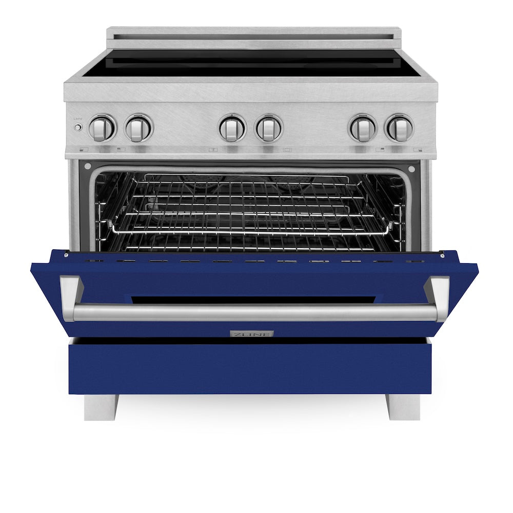 ZLINE 36 in. 4.6 cu. ft. Legacy Induction Range with 5 Element Cooktop and Electric Oven in Satin Stainless Steel and Blue Gloss Door, Open Box-Good Condition