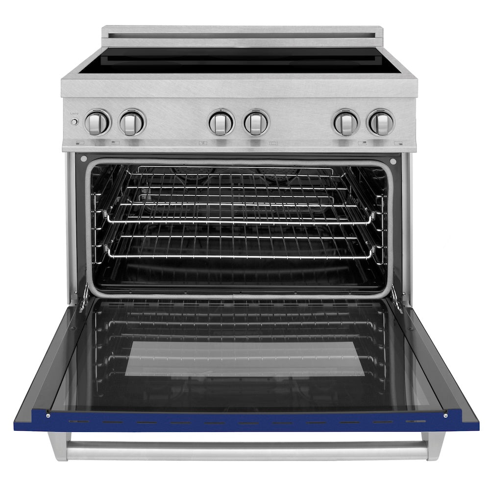 ZLINE 36 in. 4.6 cu. ft. Legacy Induction Range with 5 Element Cooktop and Electric Oven in Satin Stainless Steel and Blue Gloss Door, Open Box-Good Condition