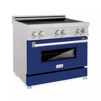 ZLINE 36 in. 4.6 cu. ft. Legacy Induction Range with 5 Element Cooktop and Electric Oven in Satin Stainless Steel and Blue Gloss Door, Open Box-Good Condition