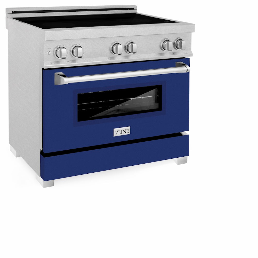 ZLINE 36 in. 4.6 cu. ft. Legacy Induction Range with 5 Element Cooktop and Electric Oven in Satin Stainless Steel and Blue Gloss Door, Open Box-Good Condition