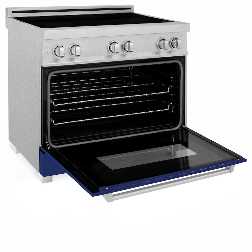 ZLINE 36 in. 4.6 cu. ft. Legacy Induction Range with 5 Element Cooktop and Electric Oven in Satin Stainless Steel and Blue Gloss Door, Open Box-Good Condition