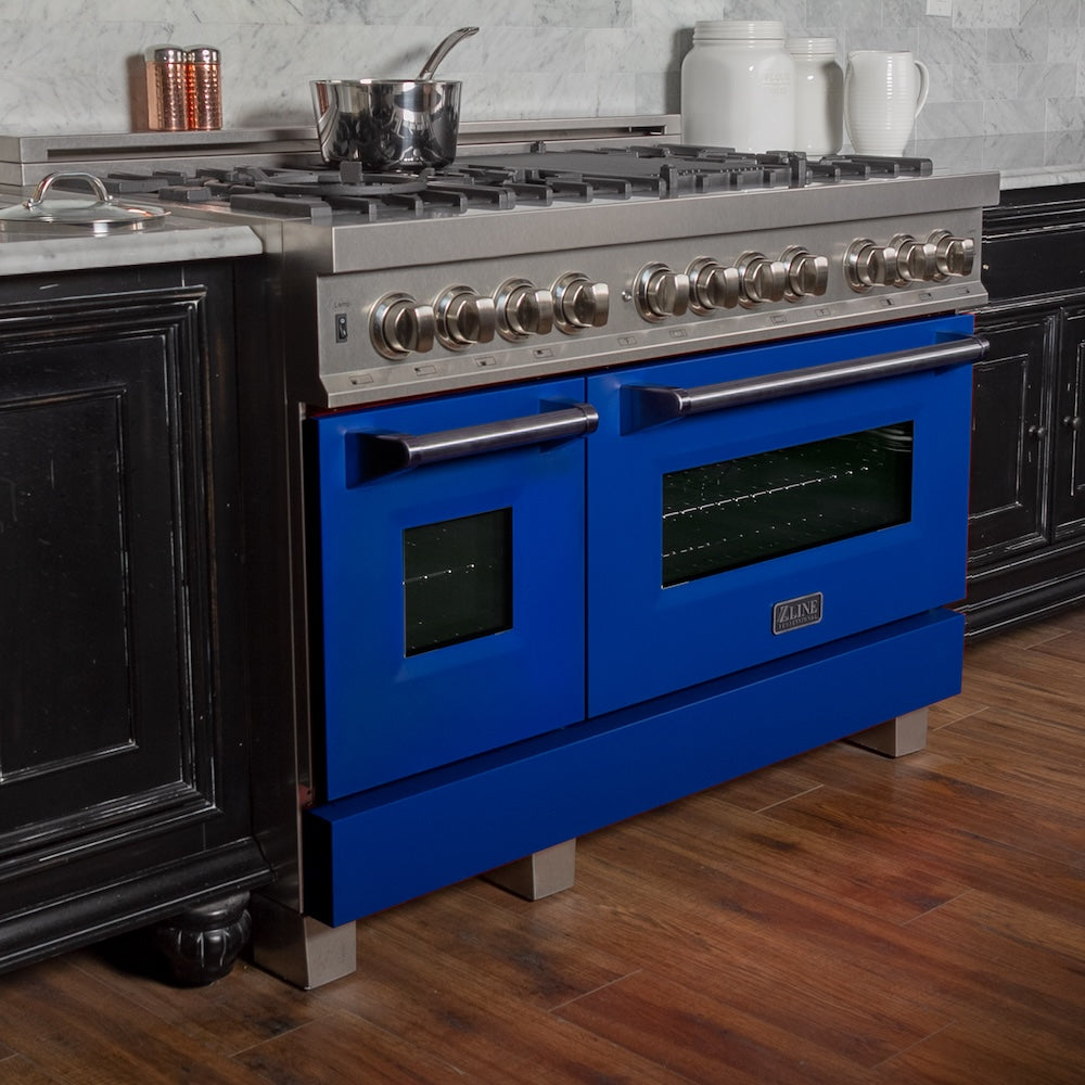 ZLINE 48 in. Kitchen Package with Fingerprint Resistant Stainless Steel Dual Fuel Range with Blue Matte Door and Convertible Vent Range Hood (2KP-RASBMRH48)