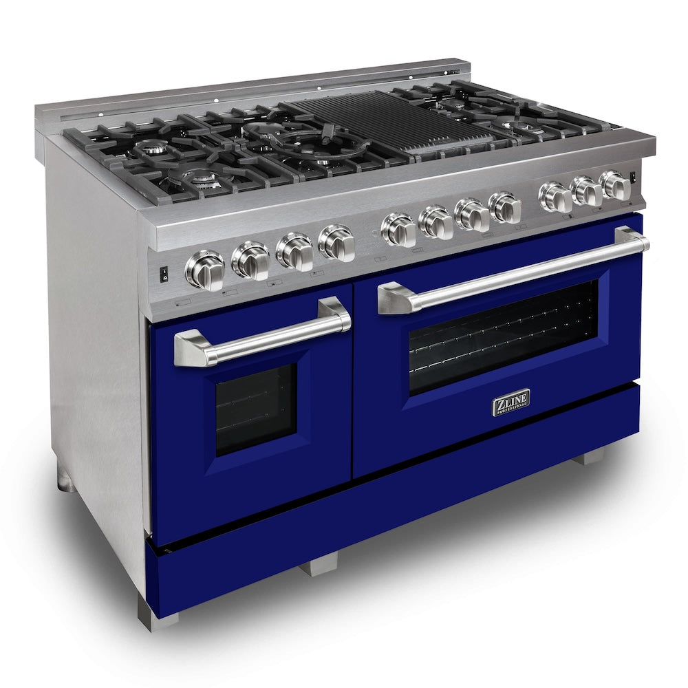 ZLINE 48 in. Kitchen Package with Fingerprint Resistant Stainless Steel Dual Fuel Range with Blue Matte Door and Convertible Vent Range Hood (2KP-RASBMRH48)