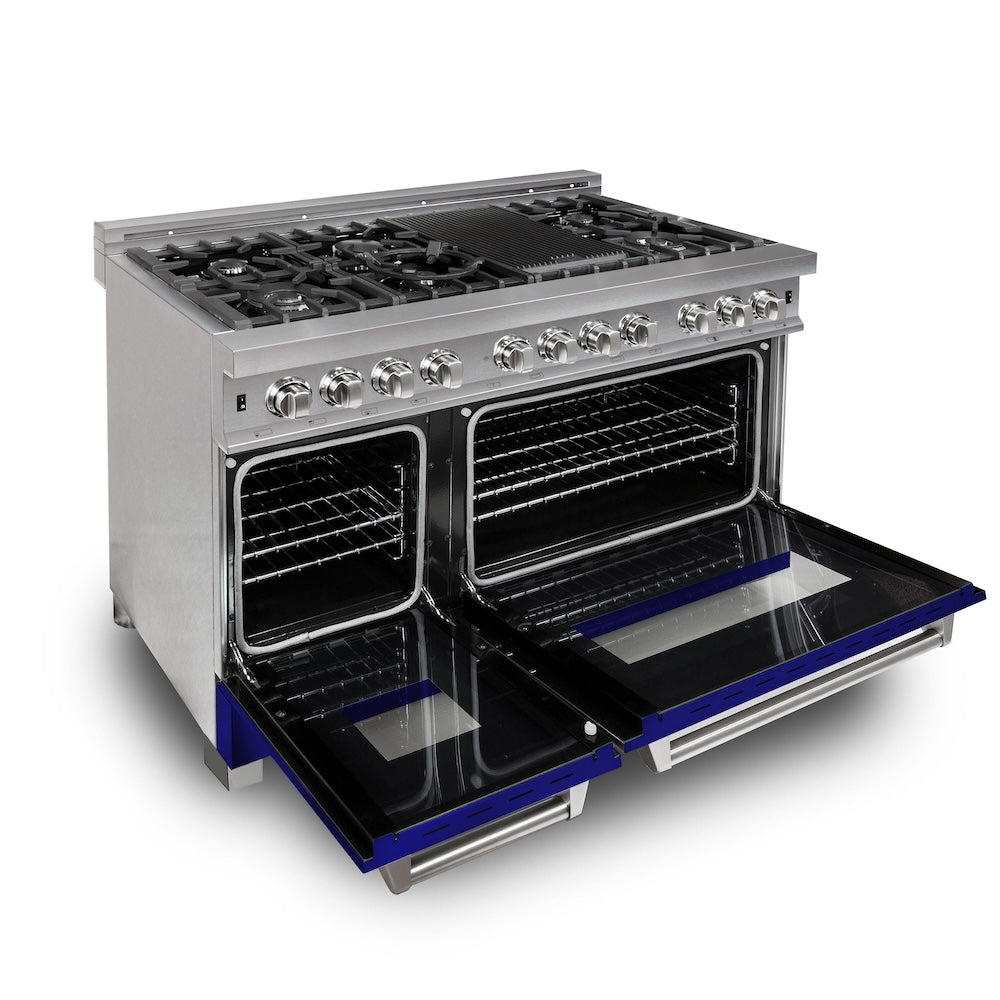 ZLINE 48 in. Kitchen Package with Fingerprint Resistant Stainless Steel Dual Fuel Range with Blue Matte Door and Convertible Vent Range Hood (2KP-RASBMRH48)