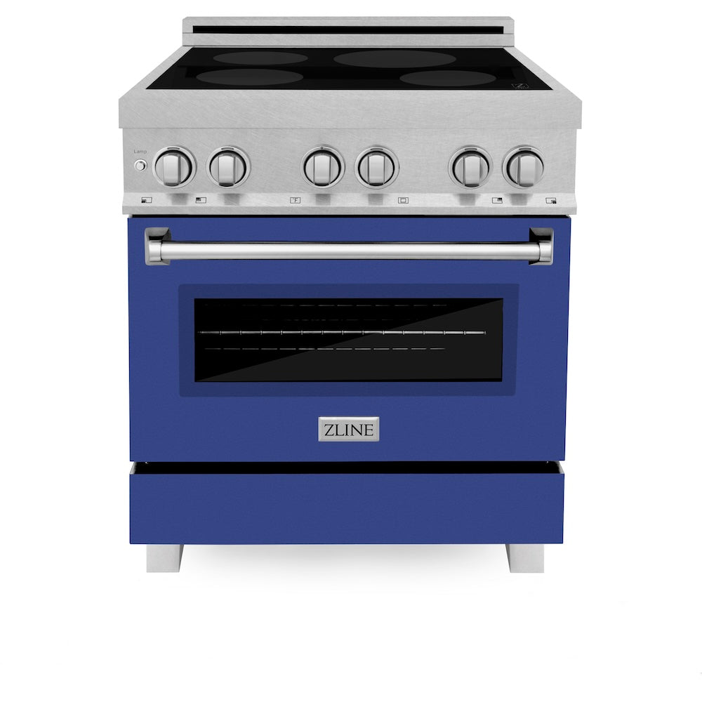 ZLINE 30 in. 4.0 cu. ft. Legacy Induction Range with 4 Element Cooktop and Electric Oven in Satin Stainless Steel and Blue Matte Door, Open Box-Good Condition
