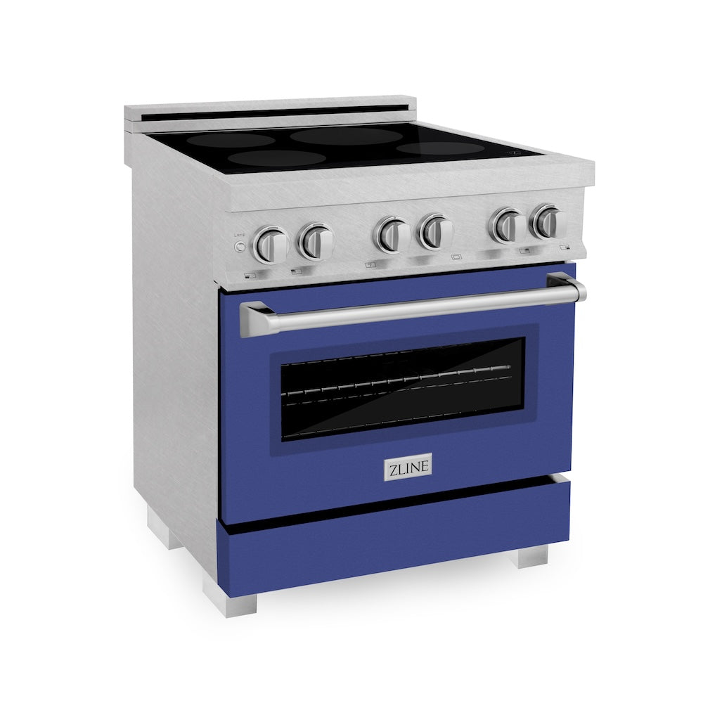 ZLINE 30 in. 4.0 cu. ft. Legacy Induction Range with 4 Element Cooktop and Electric Oven in Satin Stainless Steel and Blue Matte Door, Open Box-Good Condition